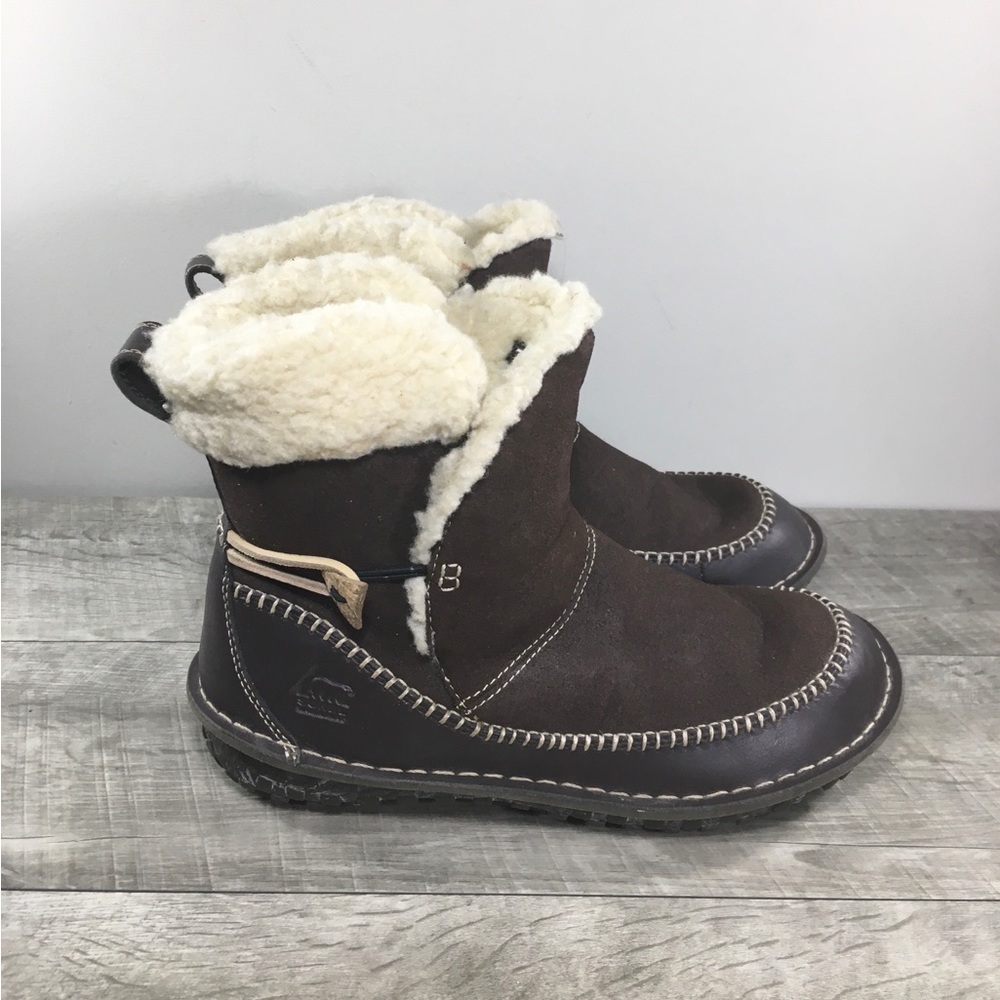 Sorel NL1471 Anyu Shearling Suede Leather Brown Toggle Womens Ankle Boots Size 8